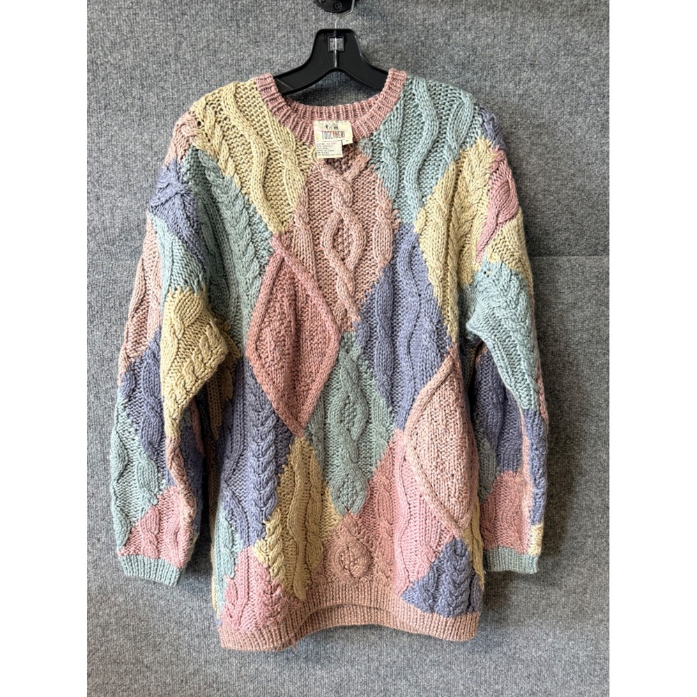 Together! Vintage Pastel Colorblock Cable Knit Argyle Sweater Womens Medium 90s